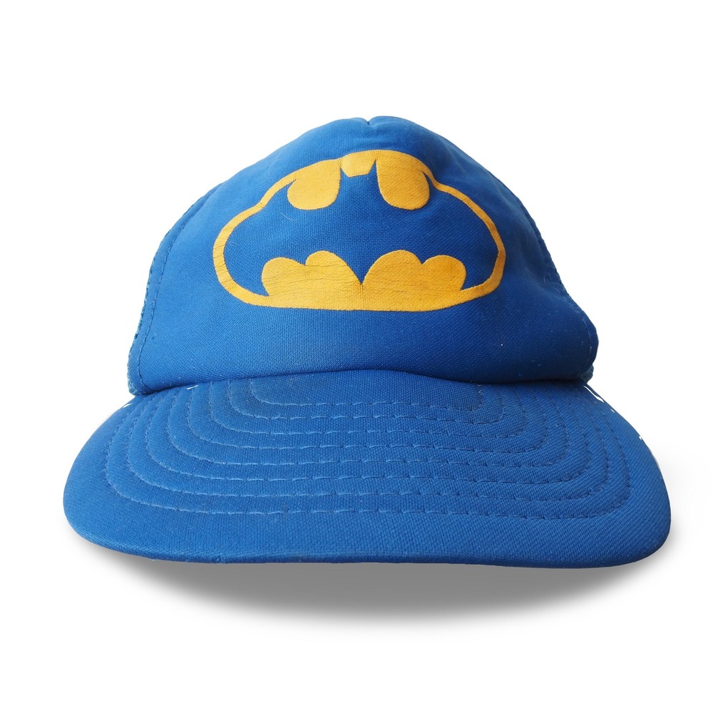 Vintage 1980s Batman‎ DC Comics Blue Mesh Trucker Snapback Hat Cap Yellow Logo
